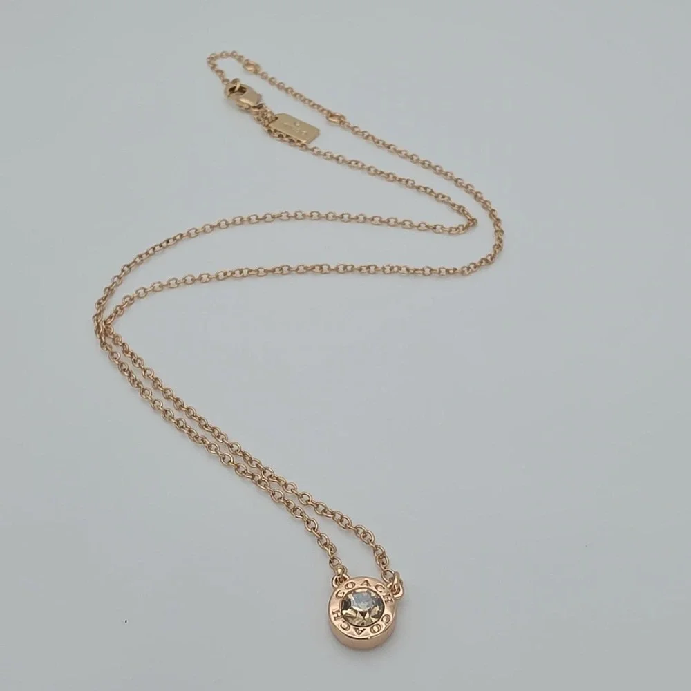 Vtg COACH Necklace Open Circle Crystal Pendant Rose Gold Plate‎ Round Link 18